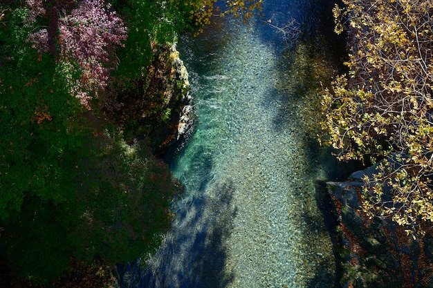 Foto vista de alto ângulo de uma cachoeira na floresta