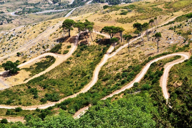 Vista de alto ângulo de uma estrada de montanha sinuosa