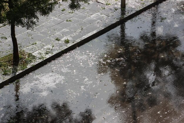 Vista de ângulo alto da poça na rua durante a estação chuvosa