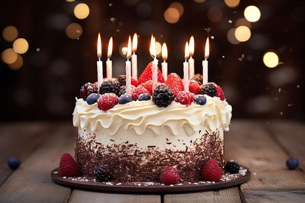Vista de ângulo alto de bolo de aniversário e velas na mesa