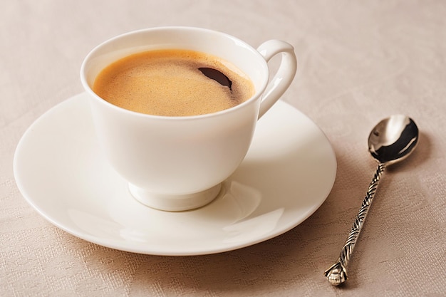 Vista de ângulo alto de café preto em xícara com prato e colher na mesa
