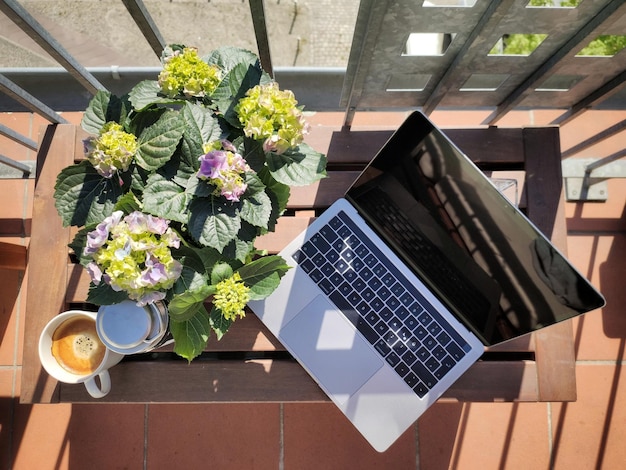Vista de ângulo alto de flor e laptop na mesa da varanda