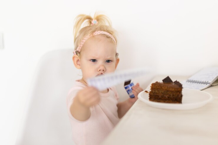 Foto vista de ângulo alto de menina bonita comendo comida na mesa
