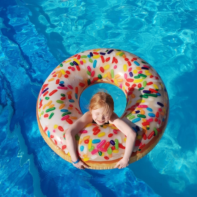 Vista de ângulo alto de menina sorridente com anel inflável na piscina