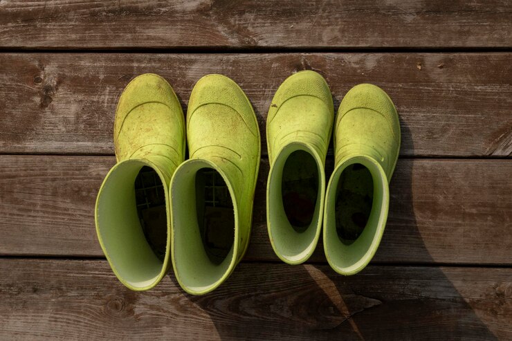 Foto vista de ângulo alto de sapatos verdes em mesa de madeira