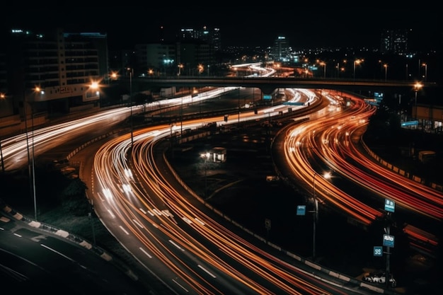 Vista de ângulo alto de trilhas de luz na estrada à noite