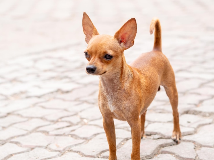 Foto vista de ângulo alto de um cão de pé na calçada