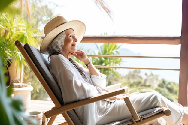 Foto vista de ângulo alto de uma mulher idosa caucasiana pensativa vestindo um chapéu e sentada em uma cadeira de terraço na praia