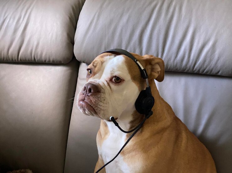 Foto vista de ângulo alto do cão sentado no sofá em casa