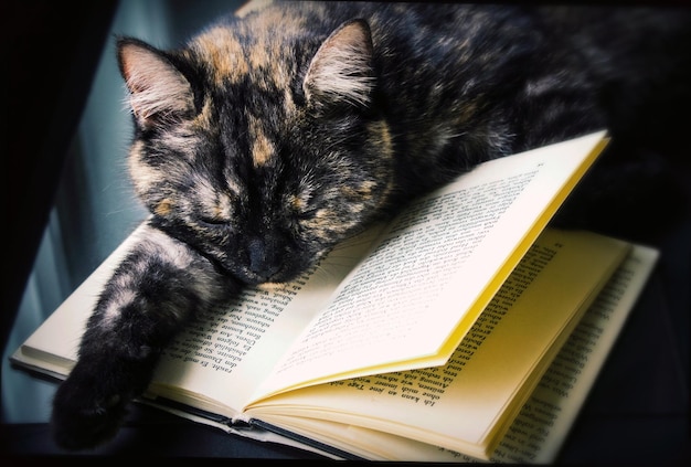 Vista de ângulo alto do gato dormindo em um livro aberto na mesa