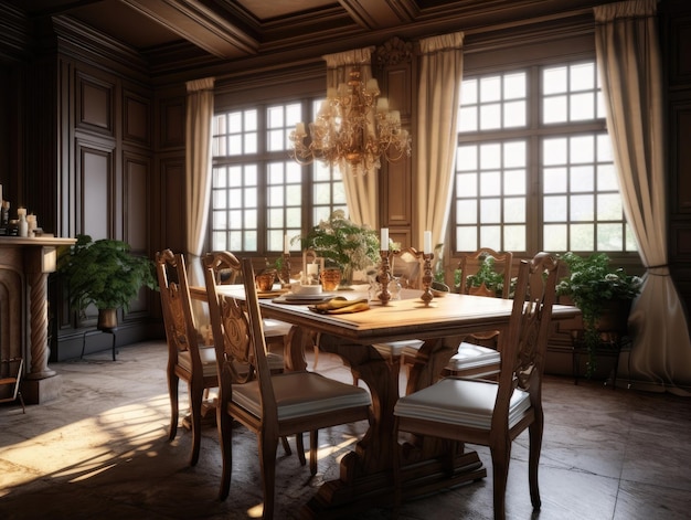 Vista de ângulo amplo da sala de jantar em estilo britânico com cenários de jantar a luz do sol brilha através das janelas IA generativa