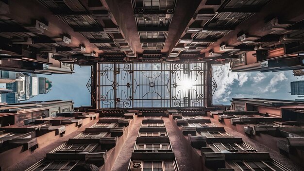 Foto vista de ângulo baixo da clarabóia em hong kong arquitetura residencial antiga