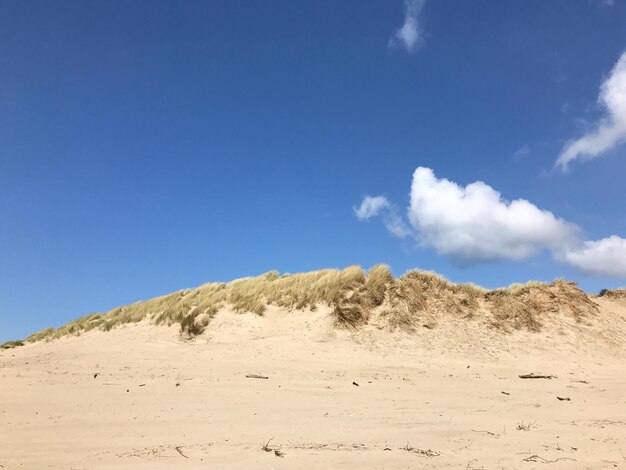 Vista de ângulo baixo da duna de areia contra o céu azul