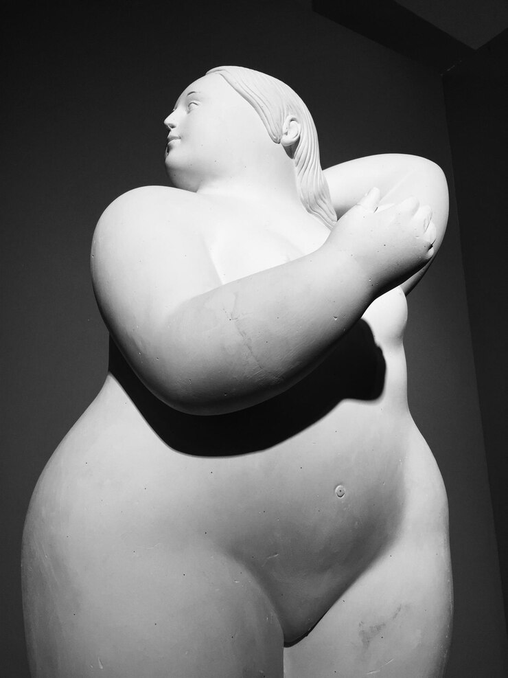Foto vista de ângulo baixo da estatueta contra a parede no museu botero