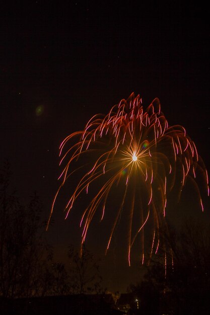 Foto vista de ângulo baixo da exibição de fogos de artifício à noite