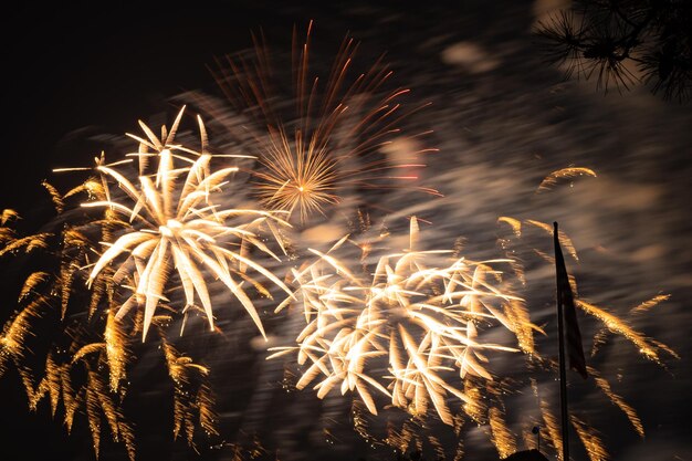 Foto vista de ângulo baixo da exibição de fogos de artifício à noite