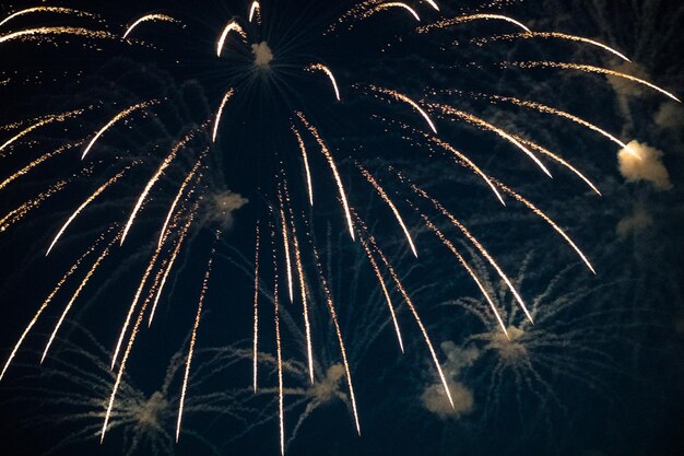 Foto vista de ângulo baixo da exibição de fogos de artifício à noite