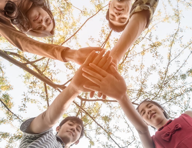 Vista de ângulo baixo de amigos empilhando mãos contra árvores