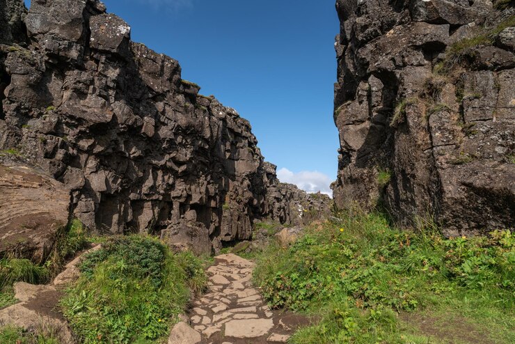Foto vista de ângulo baixo de formação rochosa em meio a plantas contra o céu - parque nacional de thingvellir