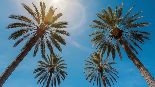 Vista de ângulo baixo de palmeiras sob um céu azul e luz solar durante o dia