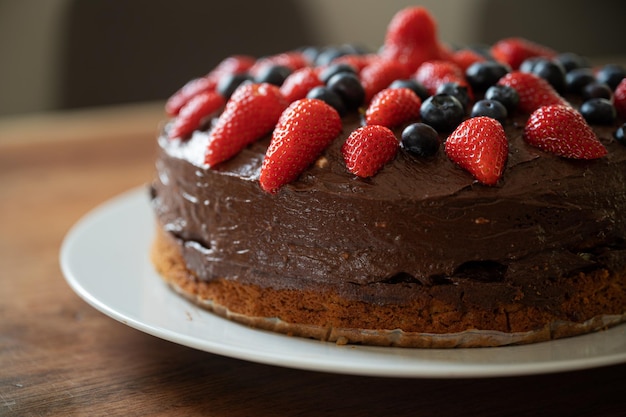 Vista de ângulo baixo de um delicioso bolo de chocolate vegano decorado com morangos e mirtilos.