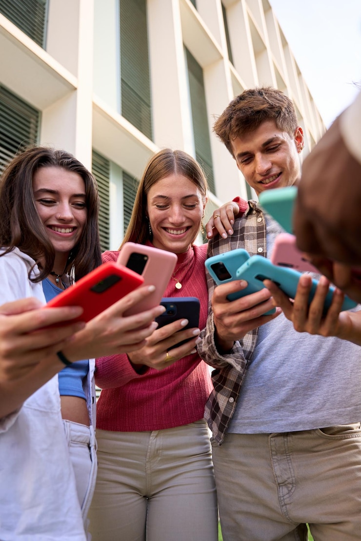Foto vista de ângulo baixo de um grupo de jovens caucasianos olhando vídeos sorridente em telefone celular ao ar livre