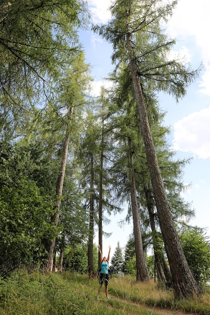 Foto vista de ângulo baixo de um homem de pé junto a uma árvore na floresta