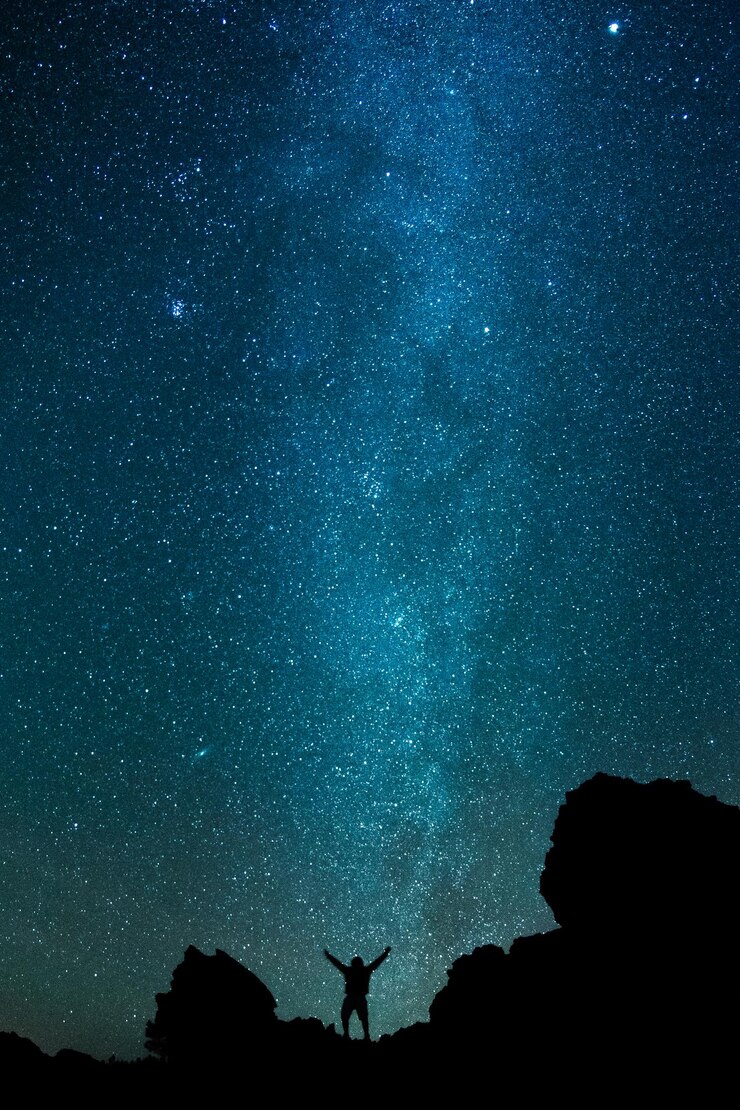 Foto vista de ângulo baixo de um homem em silhueta contra o céu à noite