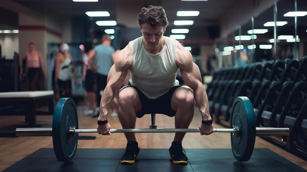 Vista de ângulo baixo de um homem musculoso irreconhecível preparando-se para levantar uma barra em uma pista de saúde