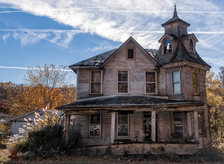 Foto vista de ângulo baixo de uma mansão vitoriana abandonada contra o céu