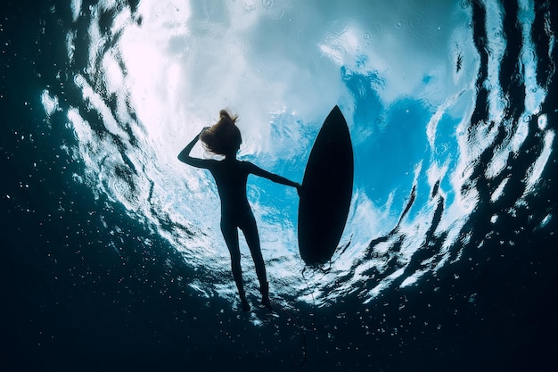 Foto vista de ângulo baixo de uma mulher em silhueta de pé na água