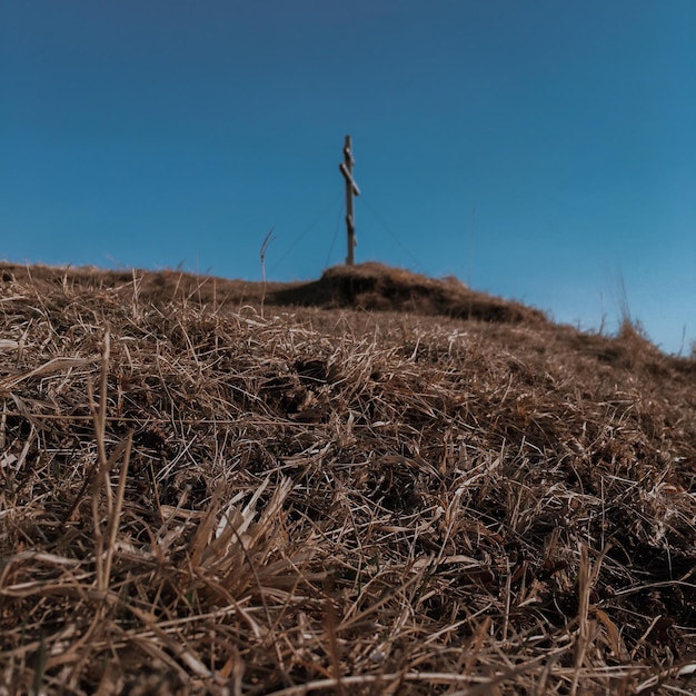 Foto vista de ângulo baixo de uma pessoa de pé no campo contra um céu claro