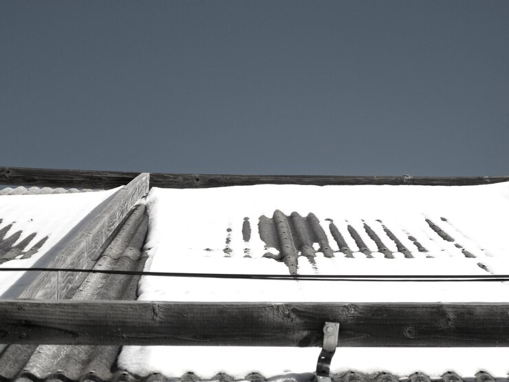 Foto vista de ângulo baixo do telhado da casa coberta de neve contra o céu claro