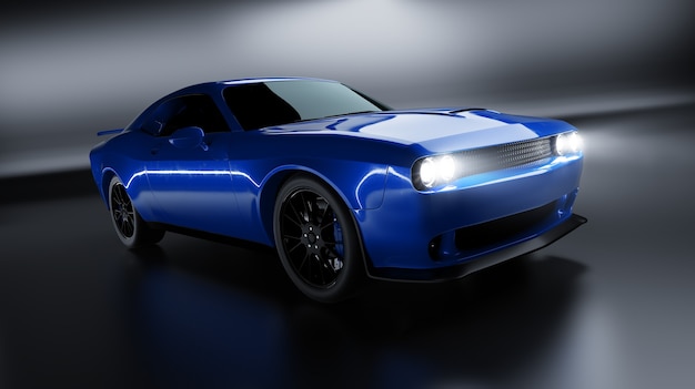 Vista de ângulo frontal de um muscle car americano sem marca azul genérico sobre um fundo preto. Conceito de transporte. Ilustração 3D e renderização em 3D.