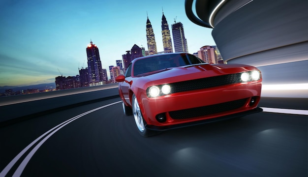 Vista de ângulo frontal de um muscle car americano sem marca vermelho genérico em uma estrada de rua da cidade com desfoque de movimento. Conceito de transporte. Renderização 3D. Mídia mista.