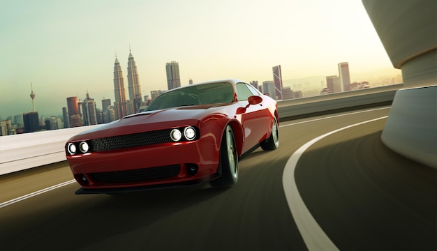 Vista de ângulo frontal de um muscle car americano sem marca vermelho genérico em uma estrada de rua da cidade com desfoque de movimento. Conceito de transporte. Renderização 3D. Mídia mista.