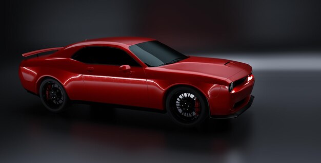 Vista de ângulo lateral de um muscle car americano sem marca vermelho genérico em um fundo preto Ilustração 3d do conceito de transporte e renderização 3d