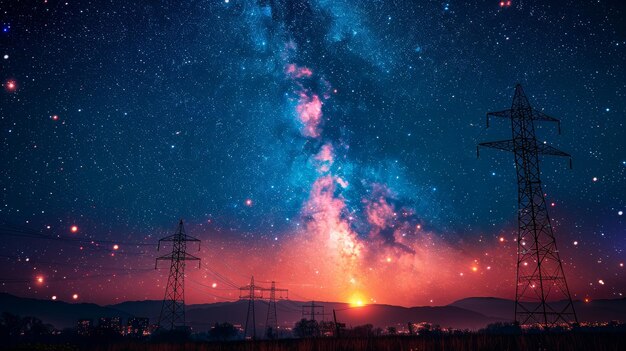 Vista de antenas de mídia e silhuetas de torres de energia de alta tensão contra uma cidade noturna no horizonte e a Via Láctea em um céu noturno claro de baixo