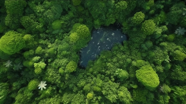 Vista de Arafed de uma floresta com uma lagoa no meio