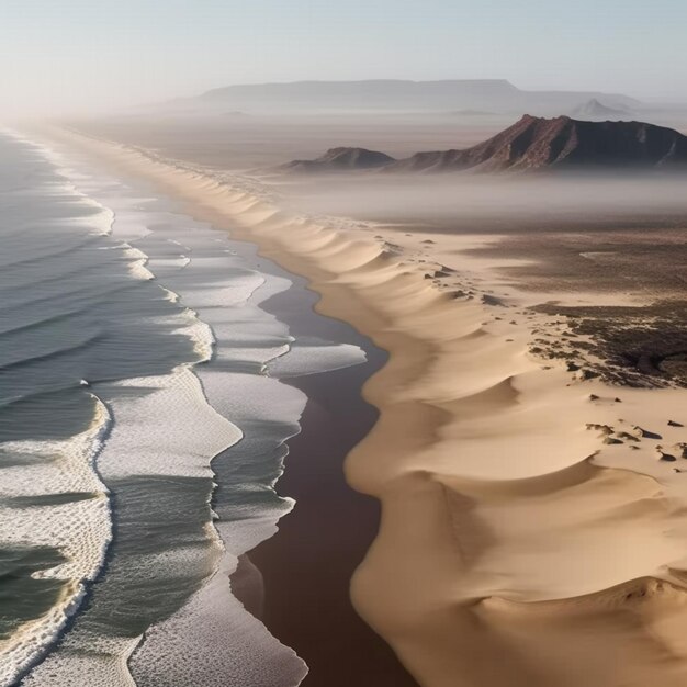 Vista de Arafed de uma praia com dunas de areia e uma montanha à distância