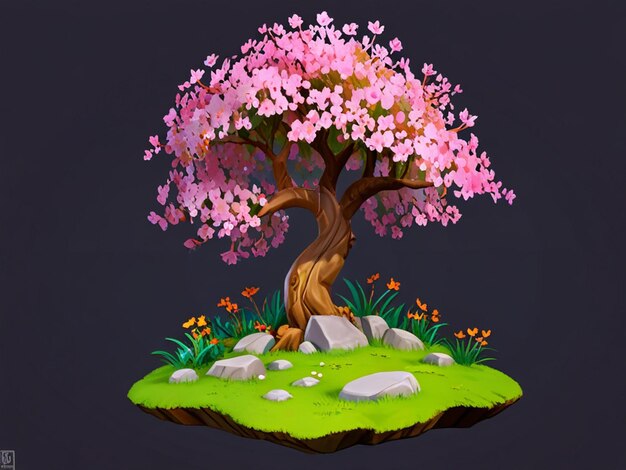 Foto vista de árvore de flores 3d com rochas
