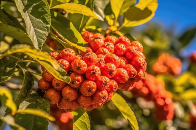 Vista de bagas maduras de rowan vermelho-laranja de perto em uma árvore de rowan imagem excepcional