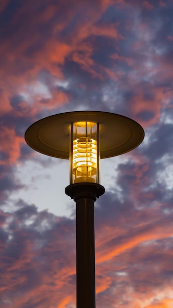 Foto vista de baixo ângulo da luz da lâmpada iluminada contra o céu durante o pôr-do-sol