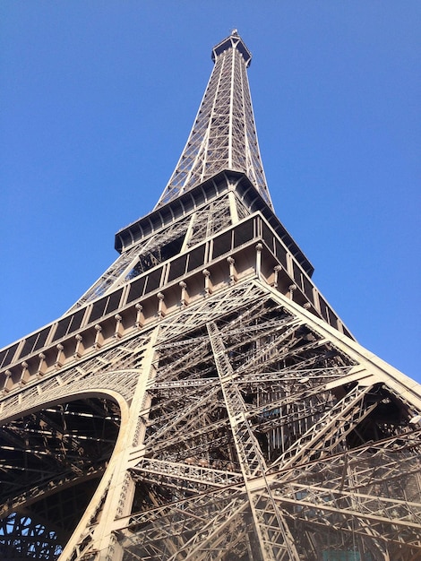 Vista de baixo ângulo da torre eiffel contra um céu claro