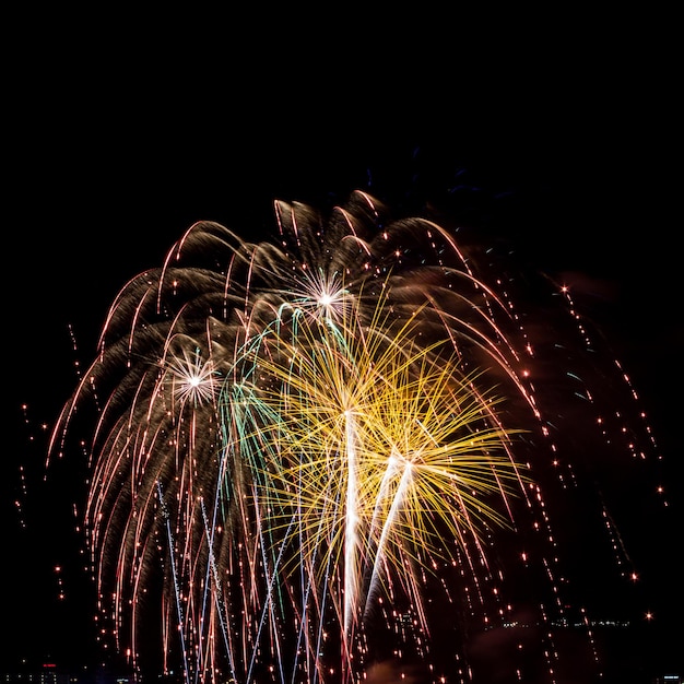 Vista de baixo ângulo de fogos de artifício contra o céu à noite