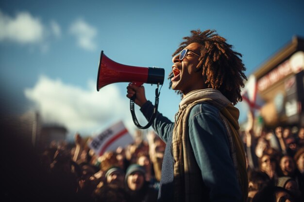 Foto vista de baixo ângulo de um manifestante negro com o punho levantado gritando através de megafone em uma manifestação antirracista