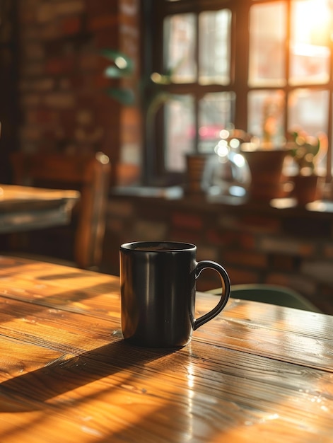 Vista de baixo ângulo de uma caneca de café preta em um café com iluminação ambiente