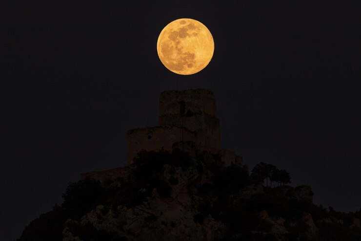 Foto vista de baixo ângulo do forte pela lua à noite