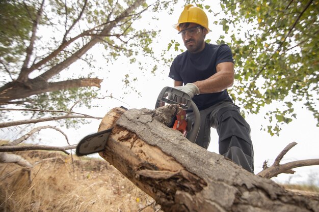 Foto vista de baixo ângulo do homem a trabalhar