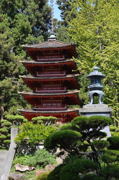 Vista de baixo ângulo do pagode contra as árvores